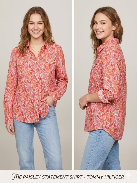 Tommy Hilfiger Tops - Tommy Hilfiger Paisley Button Down Shirt Orange Fuchsia Pink Long Sleeve XXL